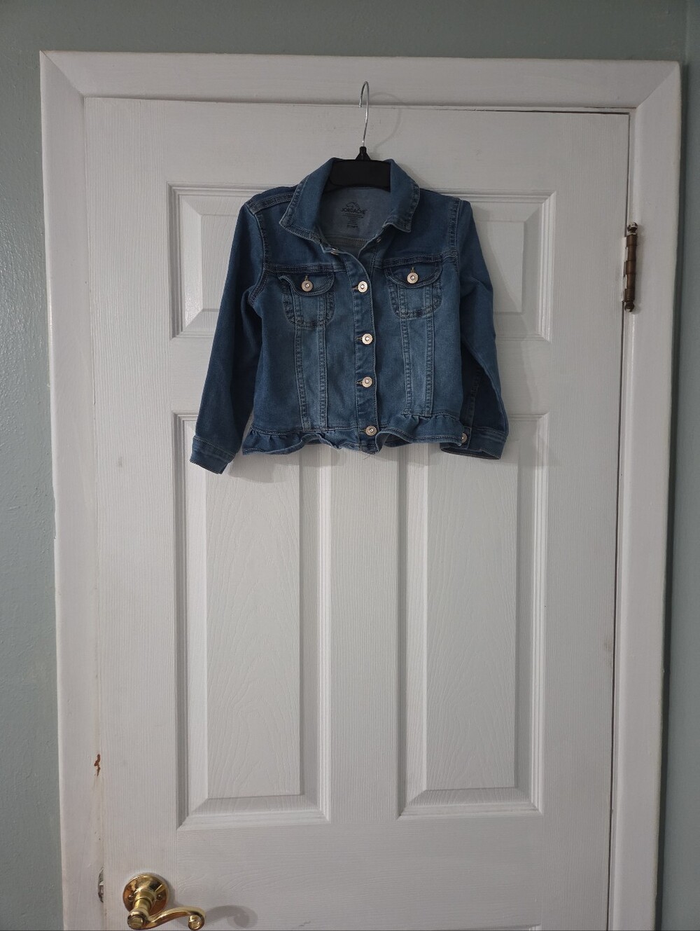 Jordache Girl's Denim Jacket Blue Stretch Ruffle Peplum Button Front. 5T